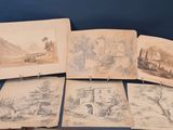 six antique engravings of landscapes and landscapes on display on a blue background