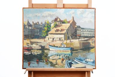 a picture of a painting on a easel on a white background