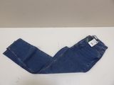 the jeans are blue and have a small patch on the side