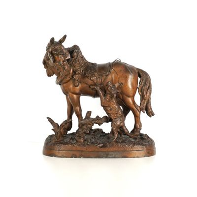 Anonyme (XXe), "Chien jouant avec un cheval de trait", group…