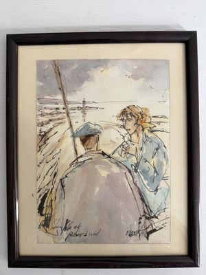 tableau représentant un homme et une femme assis dans un bateau sur l'eau