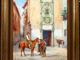 an oil painting of a man on a horse in front of a building