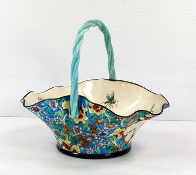 LONGWY, grand PANIER à anse torsadée en faïence craquelée ém…