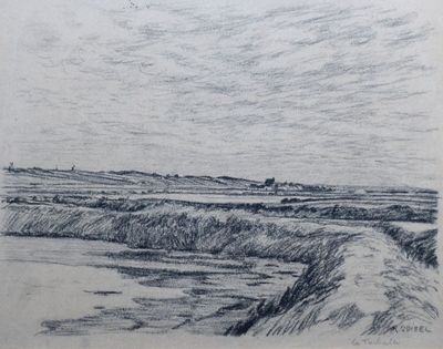 dessin au crayon représentant un paysage avec une rivière et une colline au loin