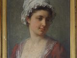 portrait d'une jeune femme vêtue d'une robe rouge et d'un bonnet blanc