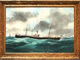 an oil painting of a ship in the middle of a large body of water