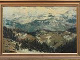 an oil painting of a snowy mountain scene with trees in the foreground