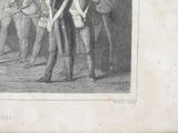 a drawing of a group of men standing in front of a building