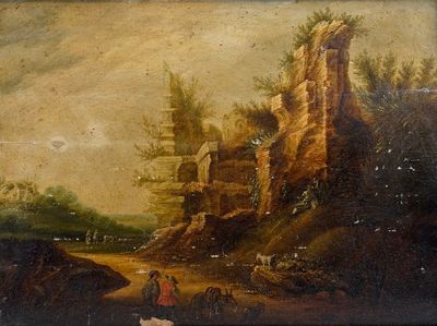 un vieux tableau représentant un paysage avec des personnages et des animaux au premier plan