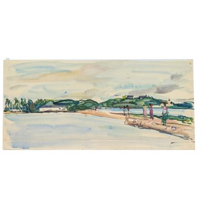 aquarelle représentant des personnes marchant sur une plage près d'un plan d'eau