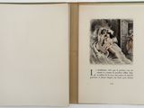 an open book with a picture of a woman and a dog