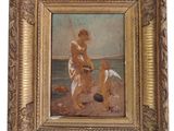 an oil painting of a woman and a dog on the beach