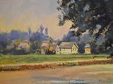 a painting of a painting of a farm with a pond in the foreground