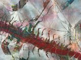 abstract painting of a red and blue piece of art on a white background