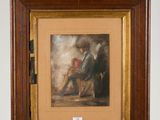 une image représentant un tableau posé sur un chevalet, sur lequel figure le portrait d'un homme