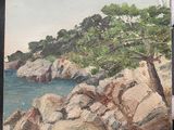 a painting of rocks and trees on the shore