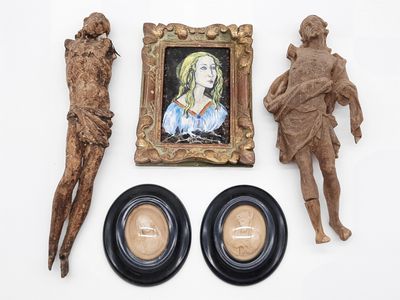 a picture of a statue, a picture of a woman and a picture of a man