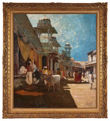 an image of a painting of a street scene with people and animals