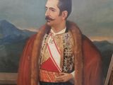 tableau représentant un homme vêtu d'un manteau de fourrure et d'une cape rouge