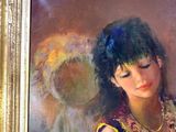 painting of a woman in a purple dress holding a flower