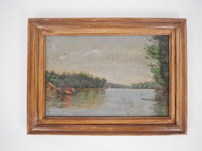 tableau représentant un homme dans un bateau sur un lac, avec des arbres en arrière-plan
