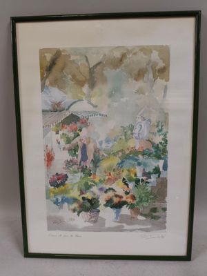 framed watercolor painting of a garden scene with flowers and people