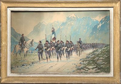 tableau représentant un groupe d'hommes à cheval sur un chemin de terre