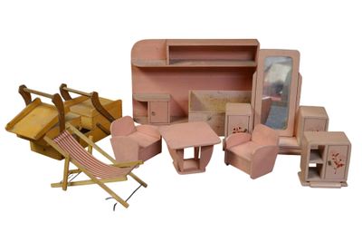 a doll house furniture set with a chair, bed, desk, mirror, and chair