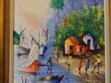 painting of a beach scene with boats and people on the shore