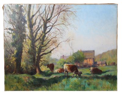 a painting of cows grazing in a field by a tree