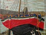 une peinture représentant un bateau rouge et noir sur l'eau