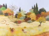 a painting of a field with trees in the background