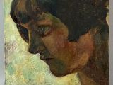 an oil painting of a woman ' s face with a green background