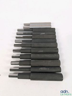 un ensemble de six tournevis noirs et argentés posés sur un fond blanc
