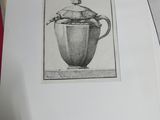 two drawings of a vase and a bowl on a table