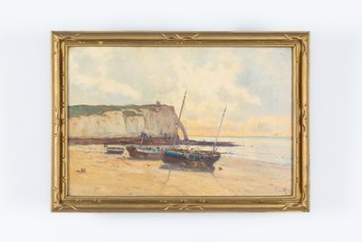 une peinture d'un bateau sur la plage au bord de l'eau