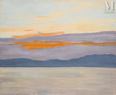une image d'un tableau représentant un coucher de soleil sur une étendue d'eau