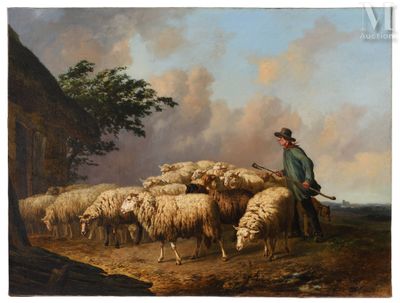 a painting of a man herding a flock of sheep