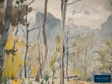 a watercolor painting of a wooded area with trees