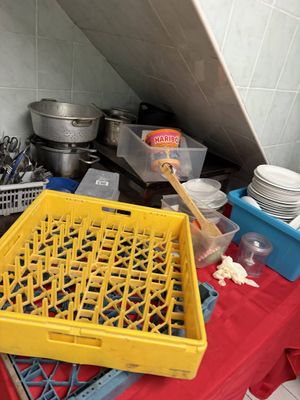 a yellow crate sitting on top of a red table