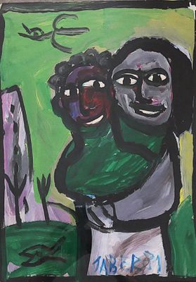une peinture représentant une femme tenant un enfant dans ses bras