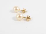 a pair of pearl earrings on a white background