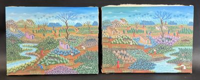 deux tableaux représentant un paysage avec une rivière et des arbres