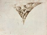 an old drawing of a man and a woman flying through the air