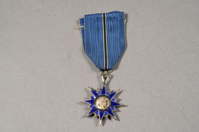 silver and blue medal with a star on it on a white surface