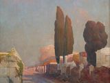painting of a painting of a road with trees and buildings in the background