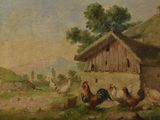 une vieille peinture représentant des poulets devant une grange au toit de chaume