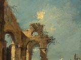 une image représentant un tableau d'un bâtiment en ruines autour duquel se promènent des gens