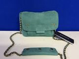 mint green leather purse with chain strap and matching clutch
