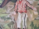 an oil painting of a man standing in a field with a hat on